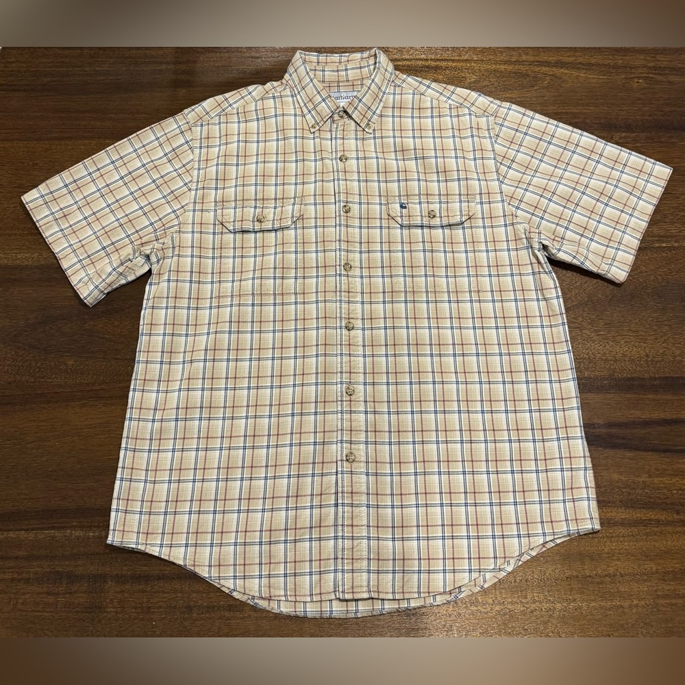 Carhartt Men’s XL Short Sleeve Plaid Button-Down Tan Blue Red Lightweight Cotton